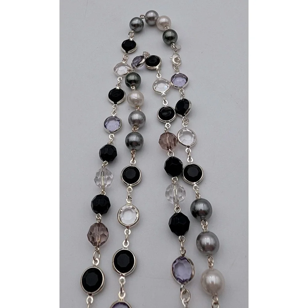 Lia Sophia Long Station Necklace Faux Pearl Crystal Silver Tone Black Lavender